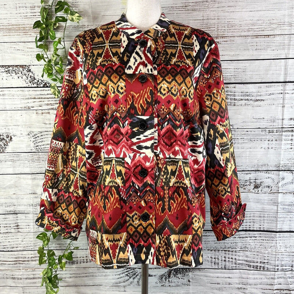 Norm Thompson Black Jacket size Extra Large Red Brown Aztec Western Stretch - Picture 1 of 16